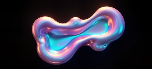 Holographic liquid blob shape on black background. Iridescent wavy liquid substance with rainbow colors. Futuristic abstract shape. Fluid, three-dimensional object. Modern design element for