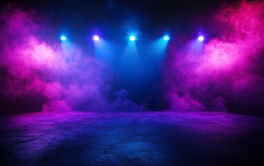 Epic background for photography, dance floor with neon blue and purple spotlights, smoke in the air,  with generative ai