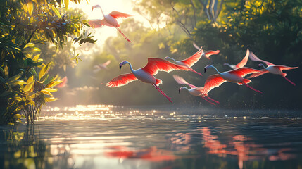 A flamingo flock taking flight from a shimmering lagoon, their pink wings glowing in the sun. Shimmering Lagoon. Illustration