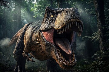 Fototapeta premium An enraged Tyrannosaurus Rex face prominently displayed.