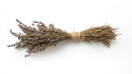 Naklejka premium Dried lavender bundle tied with twine, isolated on white background.