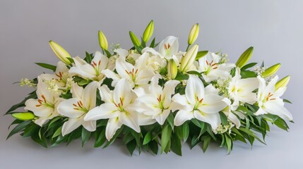 Obraz premium Elegant white lilies arranged in a serene display. A peaceful and calming floral arrangement.