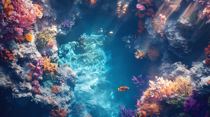 Fototapeta premium A picturesque underwater reef filled with brilliant corals, exotic fish, and shimmering light rays, capturing the essence of tropical diving. Shimmering Lagoon. Illustration