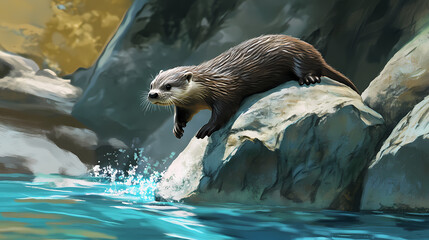 Obraz premium A playful otter slides down a smooth rock into a shimmering lagoon. Shimmering Lagoon. Illustration