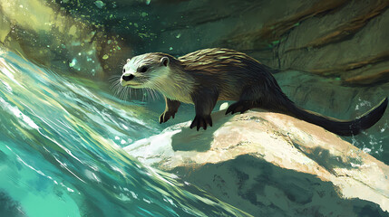 Obraz premium A playful otter slides down a smooth rock into a shimmering lagoon. Shimmering Lagoon. Illustration