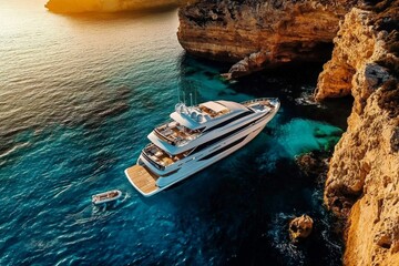Fototapeta premium Captivating bird's-eye view showcasing a high-end yacht in a picturesque island setting.