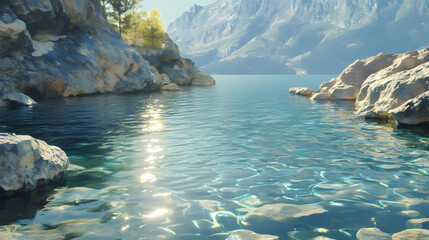 Obraz premium A serene, clear lagoon surrounded by rocky mountains, with shimmering water reflecting sunlight. Shimmering Lagoon. Illustration