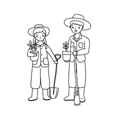 Happy farmer boy and girl, outline drawing vector illustration