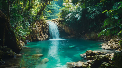 A shimmering, tropical lagoon hidden in dense jungle, with crystal-clear water cascading over rocks into a tranquil pool. Shimmering Lagoon. Illustration
