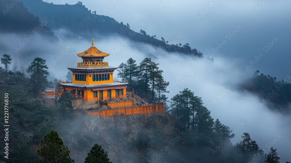 Poster a hilltop temple surrounded by mist and clouds, creating an ethereal and tranquil mood.