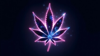 Marijuana leaf silhouette filled with vibrant galaxies, nebulas, and stars in purple and blue hues, with glowing outlines and a celestial, surreal aesthetic.