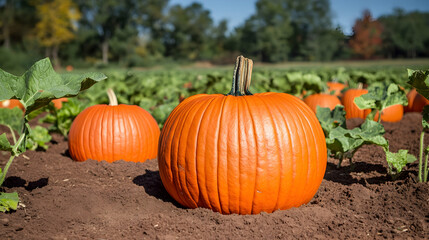 Bright Orange Pumpkins in a Lush Green Field on a Sunny Day