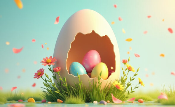easter eggs inside a bigger broken egg