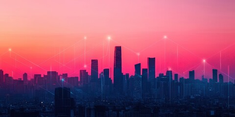 Fototapeta premium Sunset Over Urban Skyline With Digital Overlay