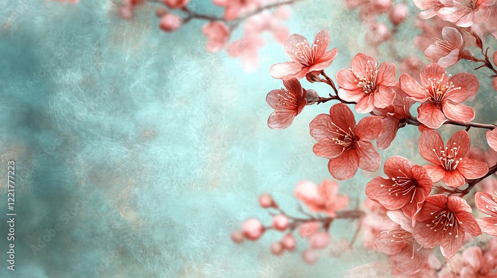 Poster delicate pink blossoms on a branch of a tree capturing the essence of spring with lush green leaves 