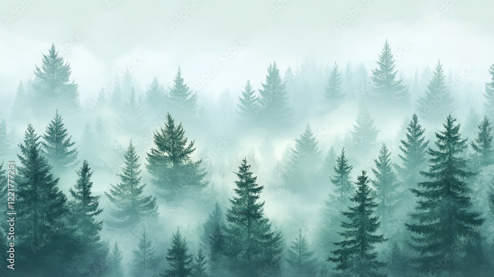 Poster mysterious forest enveloped in ethereal fog with towering trees creating a dreamlike atmosphere of t