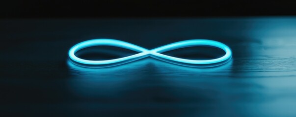 Fototapeta premium A glowing blue infinity symbol rests on a dark surface, symbolizing endless possibilities and continuity.