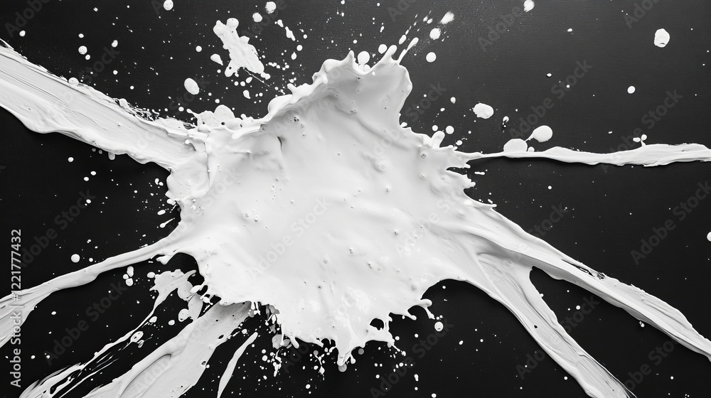 Poster dynamic black and white paint splashing on deep black surface creating an artistic and striking visu