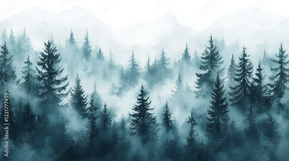 Poster mysterious forest surrounded by lush green trees enveloped in soft ethereal fog creating a dreamlike