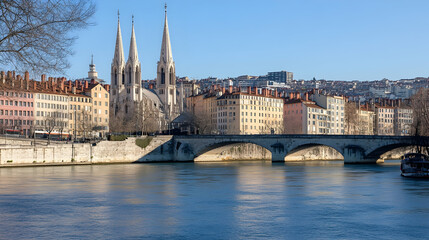 Fototapeta premium Scenic View of Lyon with Spires, Bridge, and River Reflection