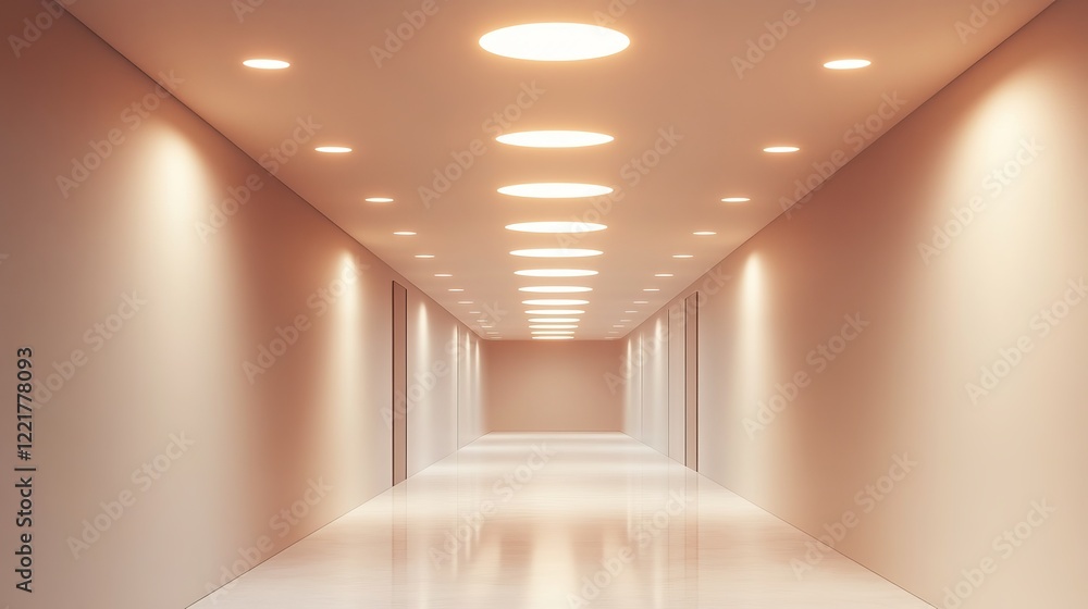 Poster bright and spacious long corridor with smooth white walls and soft ceiling lights creating a clean a