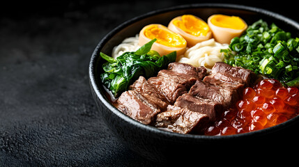 Delicious bowl of gourmet ramen with fresh ingredients and toppings