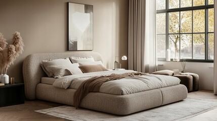 Fototapeta premium Cozy Bedroom with Soft Blanket and Plush Pillows on a Comfortable Bed Surrounded by Warm Lighting Creating a Relaxing and Inviting Atmosphere for Rest and Peaceful Sleep in Home Decor