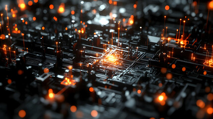 Abstract digital circuit board, glowing nodes, technology background, data processing