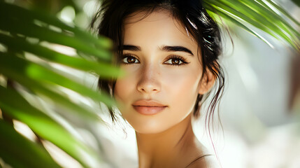 Fototapeta premium Tropical Beauty: A Woman's Face Partially Hidden Behind Lush Green Palm Leaves