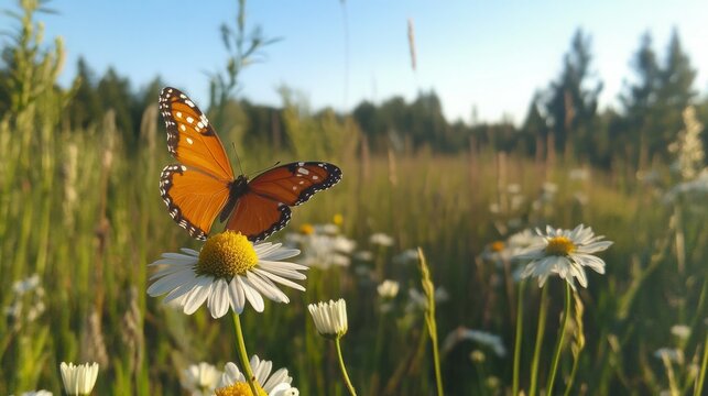 Orange butterfly perched on a daisy in a sunny field.