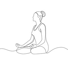 Continuous line drawing of yoga. women yoga. a woman  meditating on a white background. concept of yoga, meditation, healthy body, and relaxation.