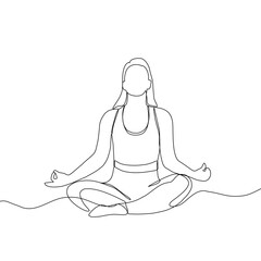 Continuous line drawing of yoga. women yoga. a woman  meditating on a white background. concept of yoga, meditation, healthy body, and relaxation.