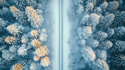 Serene Aerial View of Snowy Trees and Narrow Road in Winter Landscape