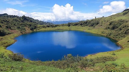 Serene Blue Crater Lake nestled in lush green mountains under a vibrant sky