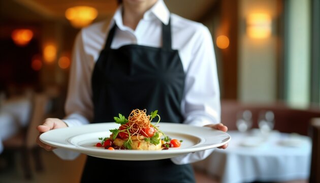 Waitress in elegant hotel restaurant holding plate with delicious food. Fine dining service in upscale eatery. Pro staff serving guests. Focus on food presentation, hospitality. Elegant setting.