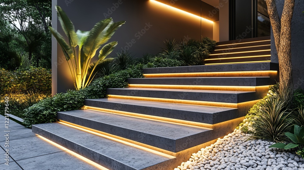 Poster illuminated stairs leading to a mysterious and enchanting destination with soft glowing lights creat