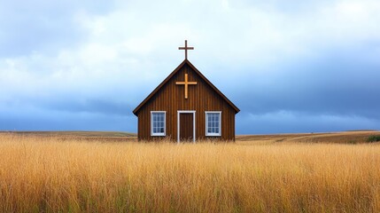 A rustic wooden church with a simple cross, set in a peaceful prairie landscape.