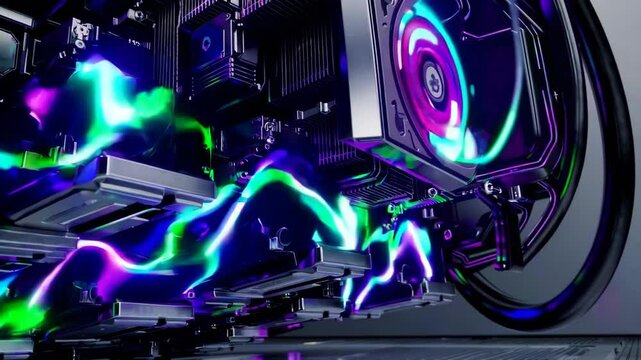 High-tech crypto mining rig with vibrant glowing energy waves and futuristic design

