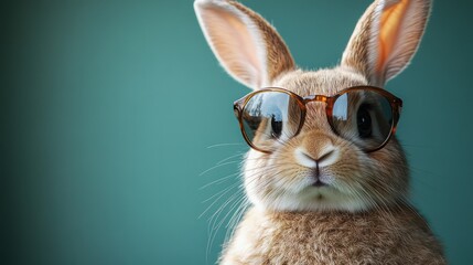 Stylish Easter bunny portrait with sunglasses on a bright green background