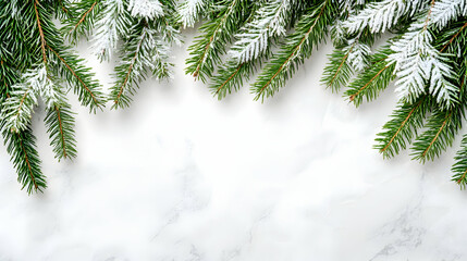 Obraz premium Snowy Pine Branches Over White Marble Background for Winter Decor