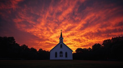 Fototapeta premium A simple white church against a fiery sunset sky, standing out vividly in the scene.