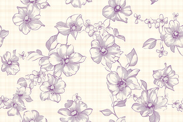 Seamless line art pattern with gingham elements, playful florals.