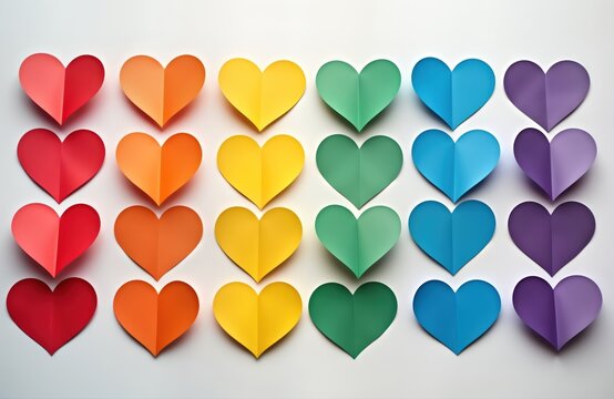 Rainbow colored paper hearts arranged on white background. Flat lay top view composition. Concept of Valentine Day, Pride Month. Creative design. Possible use for social media print. Represents love,