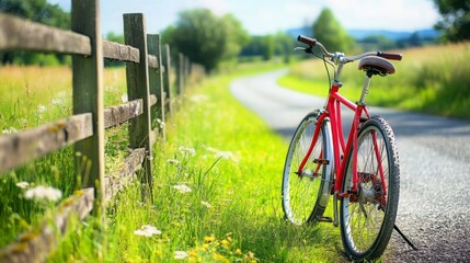 Fototapeta premium Red bicycle leaning against a wooden fence on a sunny day.