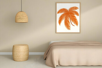 Minimalist bedroom, palm print, natural decor