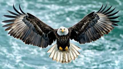 Majestic Bald Eagle in Flight Over Turquoise Ocean Waters