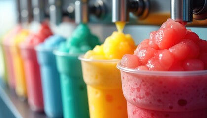 Colorful slush drinks dispensed from machine into plastic cups. Variety of vibrant fruit flavors, including strawberry, orange, lime create refreshing drinks. Modern beverage dispenser fills cups for