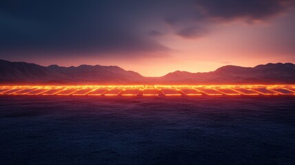 Naklejka premium Fiery Horizon at Dusk over Distant Mountain Range