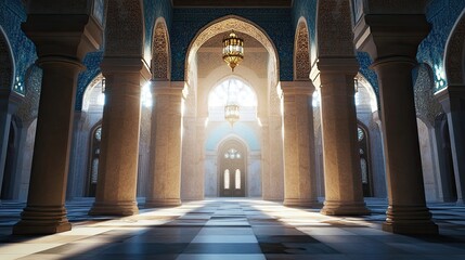 Obraz premium A stunning view of a mosque's symmetrical arches and columns in its prayer hall.
