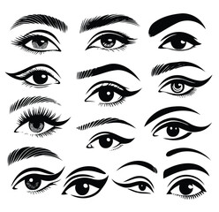 Adobe Illustrator Artwork, Set of different female eyes. Illustration isolated on white background. Eye icon set. Eyelash extensions, mascara, eyelashes, eyelash extensions. Set of women's types eyes